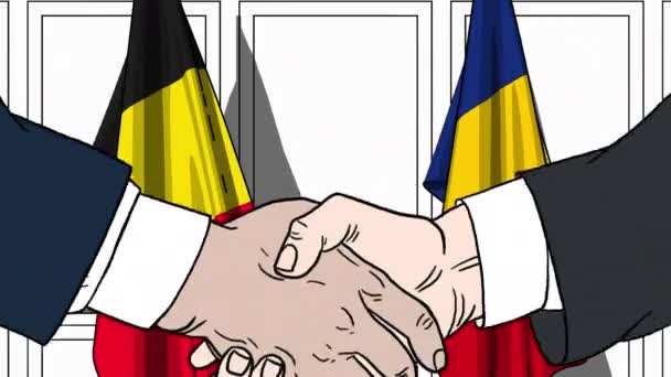 Businessmen or politicians shake hands against flags of Belgium and Romania. Official meeting or cooperation related cartoon animation — Stock Video