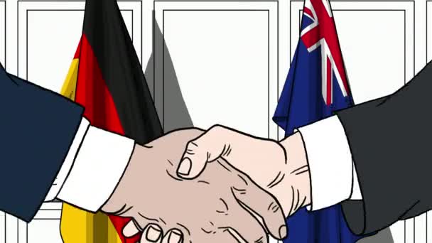 Businessmen or politicians shake hands against flags of Germany and New Zealand. Official meeting or cooperation related cartoon animation — Stock Video