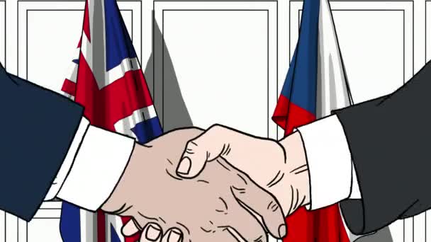 Businessmen or politicians shake hands against flags of Great Britain and the Czech Republic. Official meeting or cooperation related cartoon animation — Stock Video