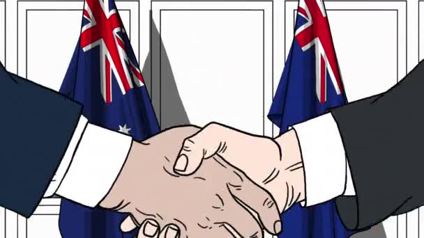 Pebisnis atau politisi berjabat tangan melawan bendera Australia dan Selandia Baru. Pertemuan resmi atau animasi kartun terkait kerja sama — Stok Video