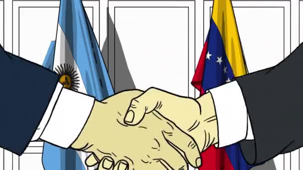 Επιχειρηματίες ή πολιτικοί χειραψία κατά σημαίες της Αργεντινής και της Βενεζουέλας. Επίσημη συνάντηση ή συνεργασίας που σχετίζονται με κινούμενα σχέδια — Αρχείο Βίντεο