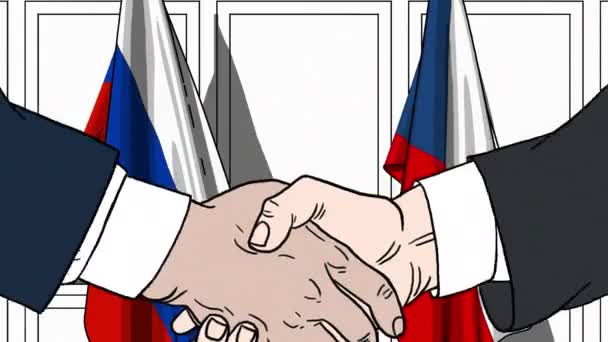 Businessmen or politicians shake hands against flags of Russia and the Czech Republic. Official meeting or cooperation related cartoon animation — Stock Video