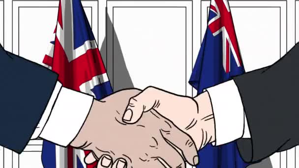 Бизнесмены или политики пожимают руку флагу Великобритании и Новой Зеландии. Официальная встреча или сотрудничество по анимации мультфильмов — стоковое видео