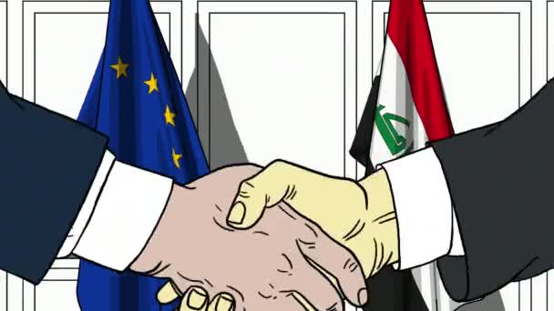 Des hommes d'affaires ou des politiciens serrent la main contre les drapeaux de l'Union européenne et de l'Irak. Réunion officielle ou animation de bande dessinée liée à la coopération — Video