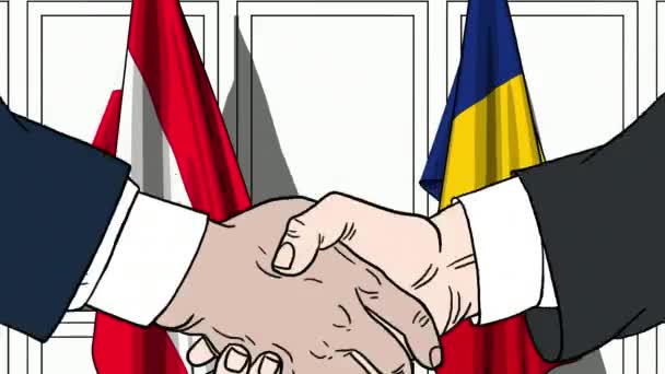 Geschäftsleute oder Politiker schütteln Hände gegen Fahnen von Österreich und Rumänien. offizielles Treffen oder Zusammenarbeit im Zusammenhang mit Zeichentrickfilmen — Stockvideo