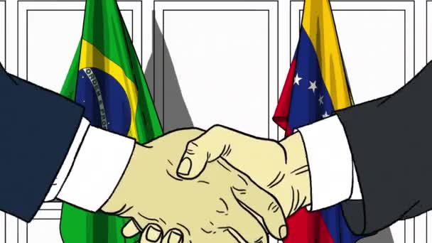 Empresários ou políticos apertam as mãos contra bandeiras do Brasil e da Venezuela. Reunião oficial ou animação de desenhos animados relacionados com a cooperação — Vídeo de Stock