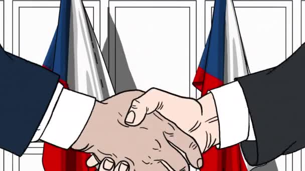 Üzletemberek és politikusok kezet, zászlók, a Cseh Köztársaság ellen. Hivatalos találkozó és együttműködési kapcsolódó rajzfilm animáció — Stock videók