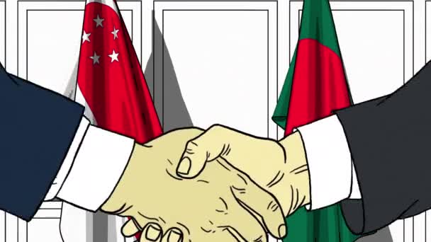 Empresarios o políticos se dan la mano contra las banderas de Singapur y Bangladesh. Reunión oficial o animación de dibujos animados relacionados con la cooperación — Vídeos de Stock