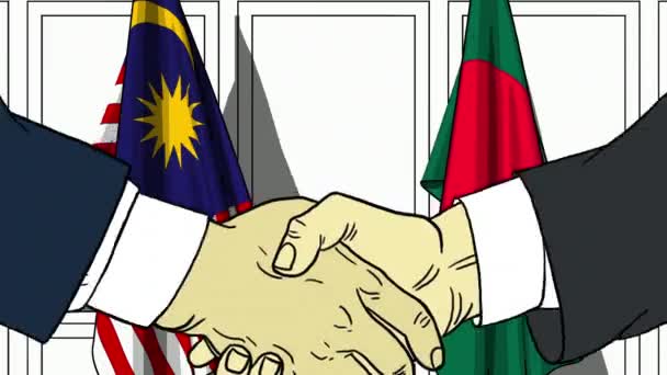 Biznesmenów i polityków uścisnąć dłoń przed flagi Malezji i Bangladeszu. Oficjalne spotkanie lub współpracy z filmów animowanych — Wideo stockowe