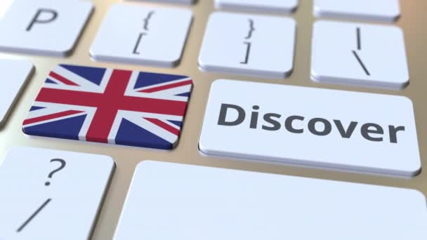 DISCOVER текст и флаг Великобритании на кнопках на клавиатуре компьютера. Концептуальная 3D анимация — стоковое видео