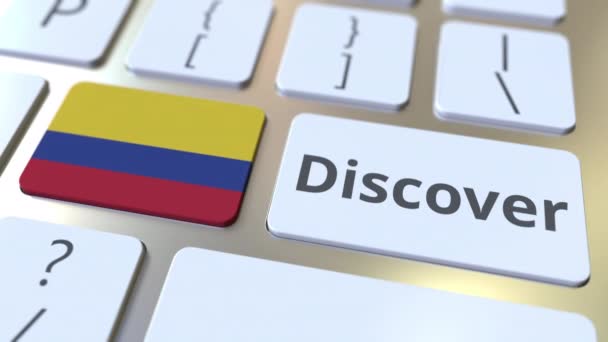 Текст DISCOVER и флаг Колумбии на кнопках на клавиатуре компьютера. Концептуальная 3D анимация — стоковое видео