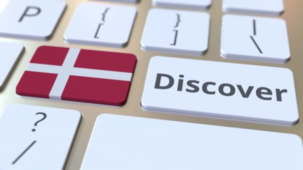 Objevte textu a Dánská vlajka na tlačítka na klávesnici počítače. Konceptuální 3d animace — Stock video