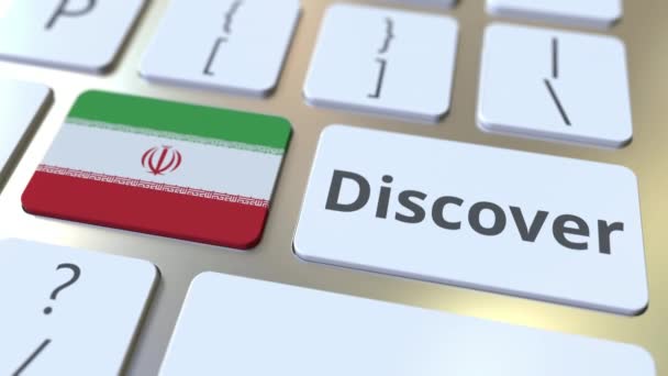 Текст DISCOVER и флаг Ирана на кнопках на клавиатуре компьютера. Концептуальная 3D анимация — стоковое видео