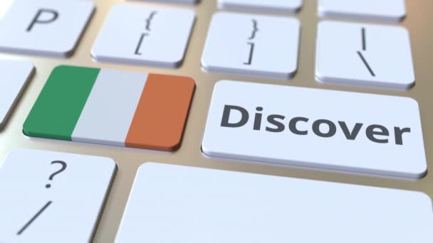 DISCOVER текст и флаг Республики Ирландия на кнопках на клавиатуре компьютера. Концептуальная 3D анимация — стоковое видео