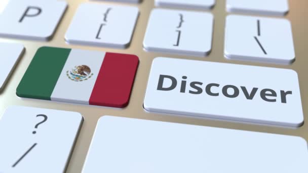 DISCOVER текст и флаг Мексики на кнопках на клавиатуре компьютера. Концептуальная 3D анимация — стоковое видео