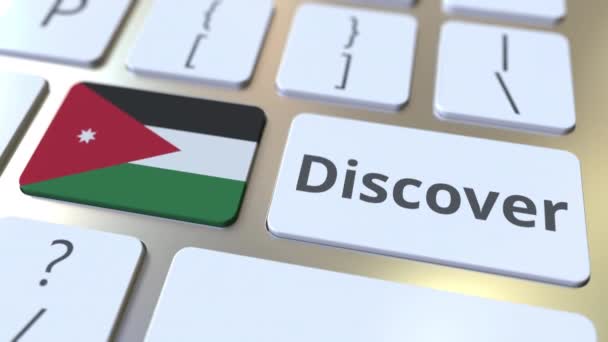 DISCOVER текст и флаг Иордании на кнопках на клавиатуре компьютера. Концептуальная 3D анимация — стоковое видео