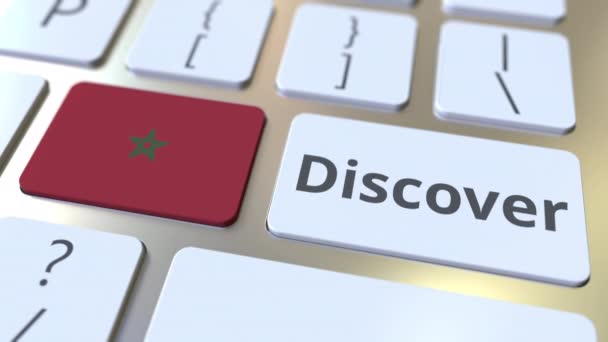 DESCUBRE el texto y la bandera de Marruecos en los botones del teclado del ordenador. Animación 3D conceptual — Vídeo de stock
