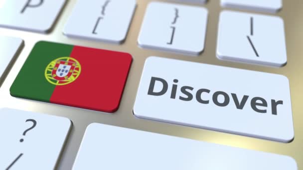 DISCOVER текст и флаг Португалии на кнопках на клавиатуре компьютера. Концептуальная 3D анимация — стоковое видео