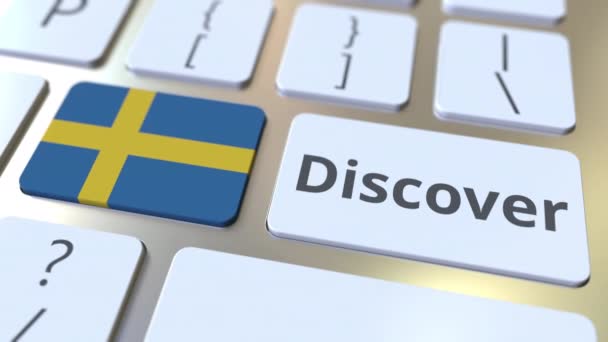 Fedezze fel a szöveget és a gombok, a számítógép billentyűzetét Svédország lobogója. Fogalmi 3d animáció — Stock videók
