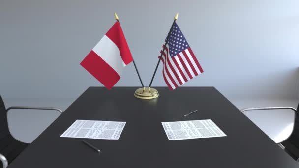 Drapeaux du Pérou et des États-Unis et documents sur la table. Négociations et signature d'un accord international. Animation 3D conceptuelle — Video