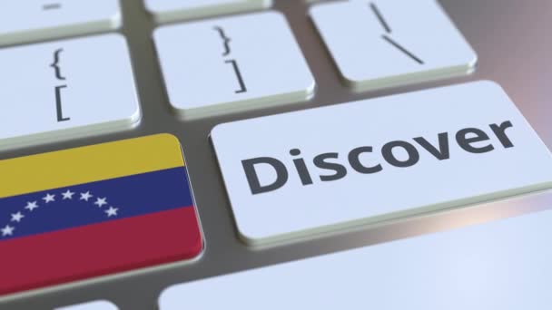DESCUBRE el texto y la bandera de Venezuela en los botones del teclado del ordenador. Animación 3D conceptual — Vídeo de stock