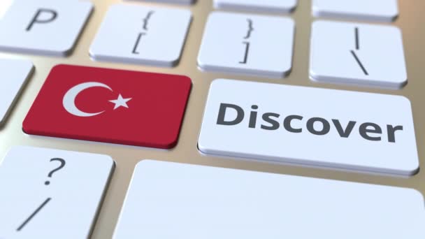 DISCOVER text and flag of Turkey on the buttons on the computer keyboard. Conceptual 3D animation — Stock Video