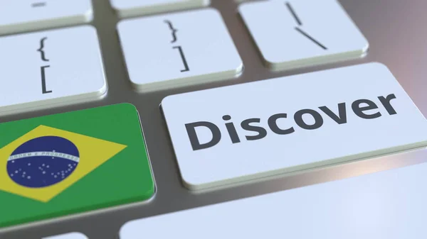 DISCOVER text and flag of Brazil on the buttons on the computer keyboard. Conceptual 3D rendering — Stock Photo, Image