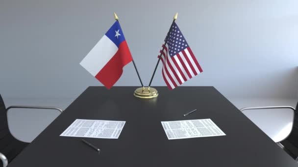 Drapeaux Papiers Sur Table Négociations Signature Contrat Conceptuelle — Video