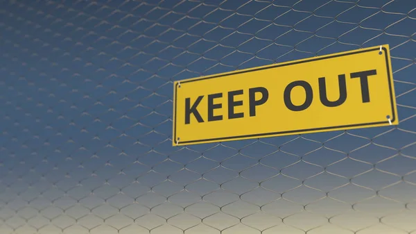 KEEP OUT sign an a mesh wire fence against blue sky. 3D rendering — Stock Photo, Image