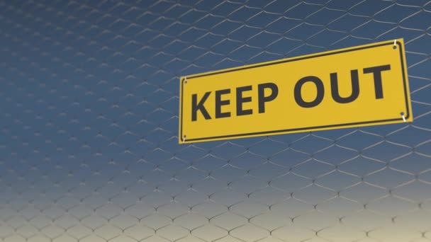 KEEP OUT sign an a mesh wire fence against blue sky. 3D animation — Stock Video
