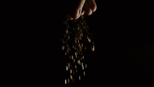 Slow motion shot of pouring spice from the hand against black background — Stock Video