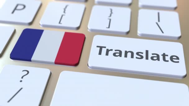 TRANSLATE texto y bandera de Francia en los botones del teclado de la computadora. Animación 3D conceptual — Vídeos de Stock