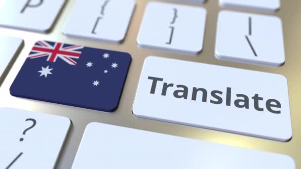 TRANSLATE text and flag of Australia on the buttons on the computer keyboard. Conceptual 3D animation — Stock Video