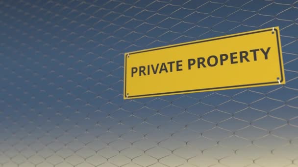 PRIVATE PROPERTY sign an a mesh wire fence against blue sky. 3D animation — Stock Video
