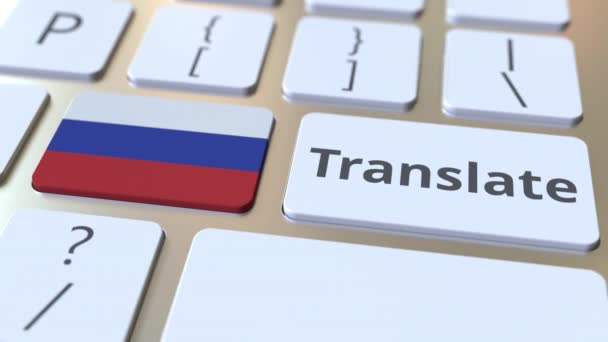 Μετάφραση κειμένου και σημαία της Ρωσίας για τα κουμπιά στο πληκτρολόγιο του υπολογιστή. Εννοιολογική 3d animation — Αρχείο Βίντεο