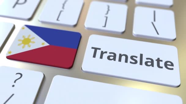 TRANSLATE text and flag of Philippines on the buttons on the computer keyboard. Conceptual 3D animation — Stock Video