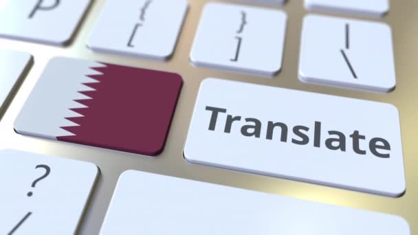 TRANSLATE text and flag of Qatar on the buttons on the computer keyboard. Conceptual 3D animation — Stock Video