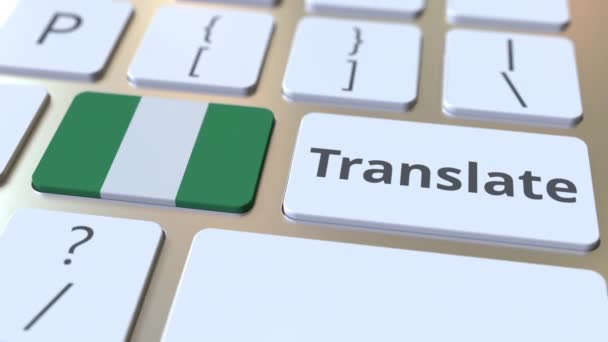 TRANSLATE text and flag of Nigeria on the buttons on the computer keyboard. Conceptual 3D animation — Stock Video