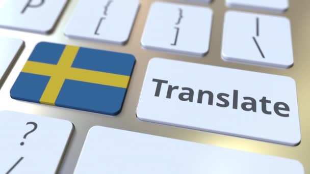 Översätta text och Sveriges flagga på knapparna på tangentbordet. Konceptuell 3d-animering — Stockvideo