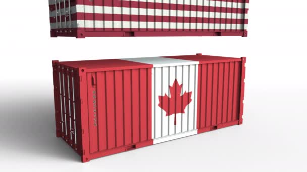 Контейнер с флагом США разбивает грузовой контейнер с флагом Канады. Концептуальная анимация торговых войн и экономических конфликтов — стоковое видео