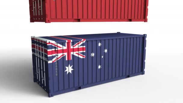 중국의 국기와 컨테이너 화물 컨테이너의 호주 국기와 함께 휴식. 무역 전쟁 또는 경제 충돌 관련 개념 애니메이션 — 비디오