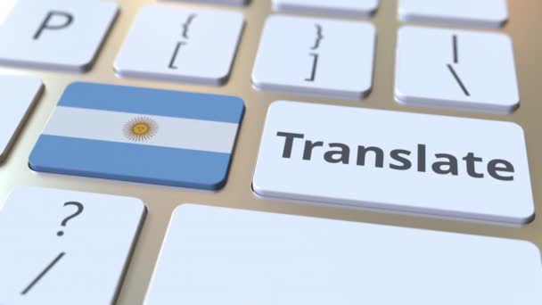 TRANSLATE text and flag of Argentina on the buttons on the computer keyboard. Conceptual 3D animation — Stock Video