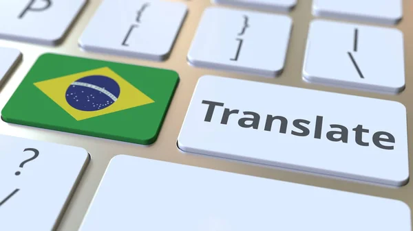 TRADUcar texto e bandeira do Brasil nos botões do teclado do computador. Renderização 3D conceitual — Fotografia de Stock