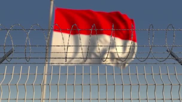 Prikkeldraad tegen zwaaien vlag van Indonesië. Loopbare 3d animatie — Stockvideo