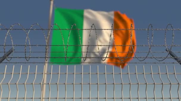 Intreepupil wapperende vlag van Ierland achter prikkeldraad hek. Loopbare 3d animatie — Stockvideo