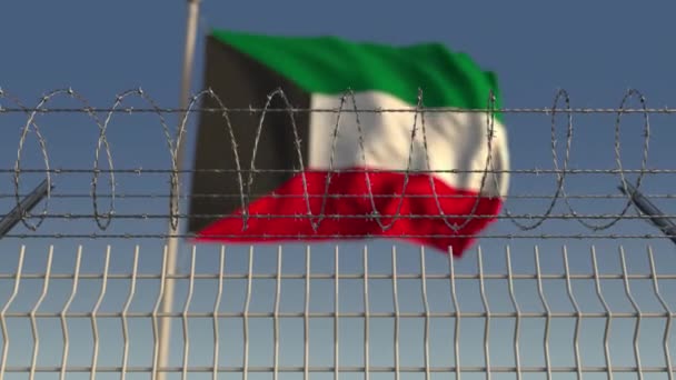 Barbed wire against waving flag of Kuwait. Loopable 3D animation — Stock Video