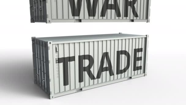 Container met handel tekst wordt afgebroken door cargo container met opschrift van de oorlog. Conceptuele 3d animatie — Stockvideo