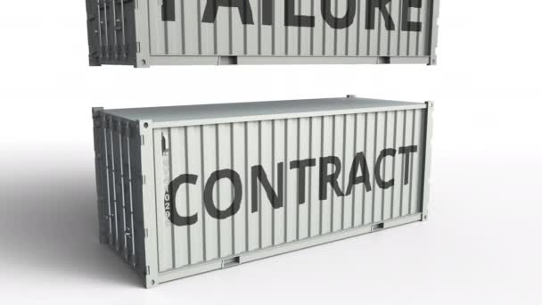 Container met Contract tekst wordt afgebroken door cargo container met opschrift van de mislukking. Conceptuele 3d animatie — Stockvideo