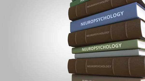 NEUROPSICOLOGÍA título sobre la pila de libros, representación conceptual 3D — Foto de Stock