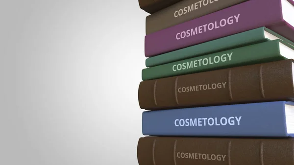 Título de COSMETOLOGIA sobre a pilha de livros, renderização 3D conceitual — Fotografia de Stock